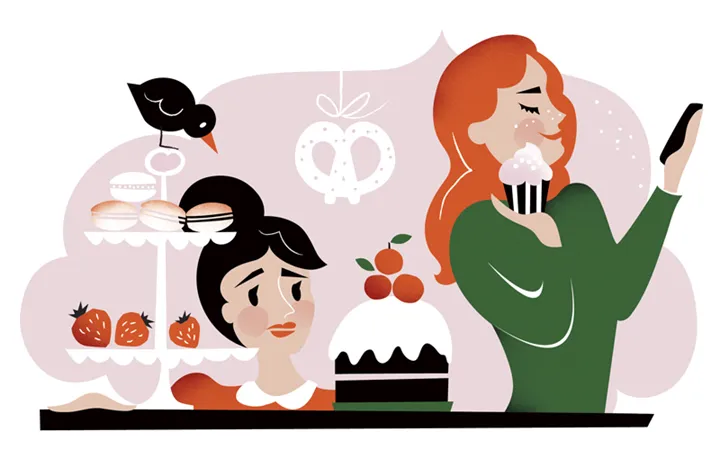 Illustration av två personer på café. En person med dålig självkänsla.