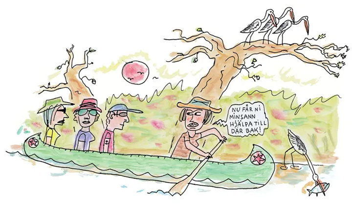 Illustration.Fyra personer i en kanot. En paddlar och de andra sitter och tittar på.